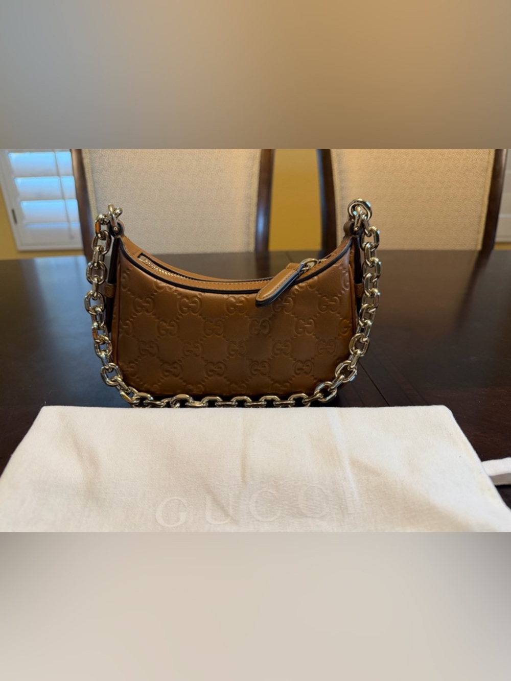 New Authentic Gucci GG Logo Embossed Leather Shoulder Bag Brown - Picture 11 of 11
